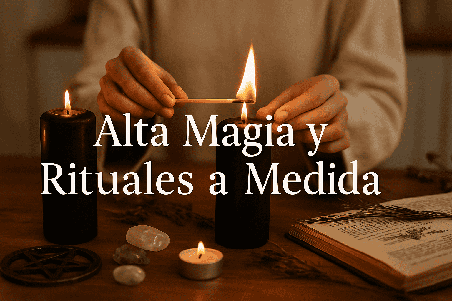 Manos encendiendo velas negras en un altar ritual con cristales, libro esotérico y símbolos mágicos para un ritual de alta magia.