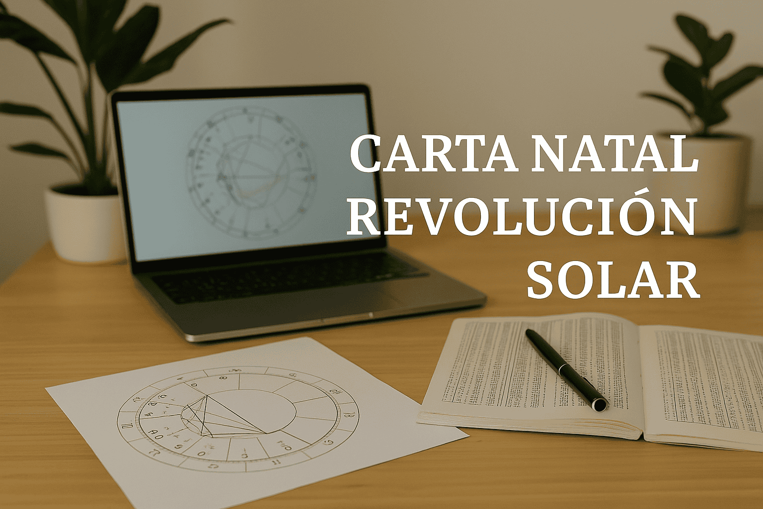 Carta natal y revolución solar | Interpretación astrológica en EON Escuela Esotérica Ordenador con gráfico astrológico de carta natal, papel con revolución solar y libro de astrología abiertos en una mesa de estudio.