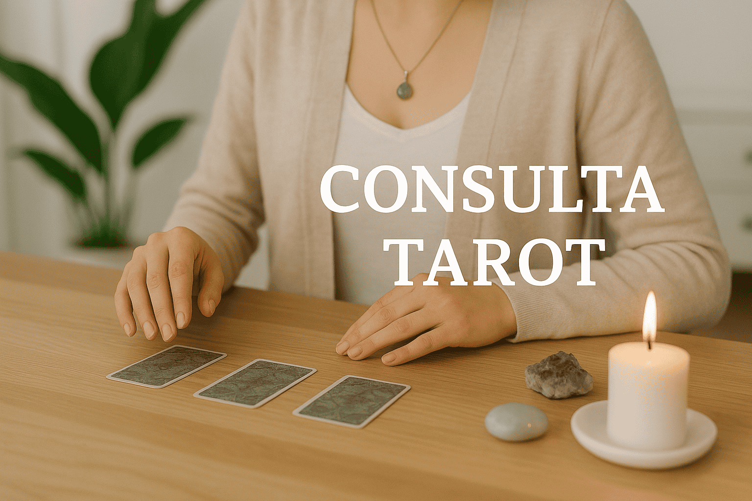 Consulta de tarot para orientación personal y espiritual | EON Escuela Esotérica Barcelona Manos de una persona realizando una consulta de tarot con tres cartas sobre la mesa, acompañadas de una vela encendida y minerales.