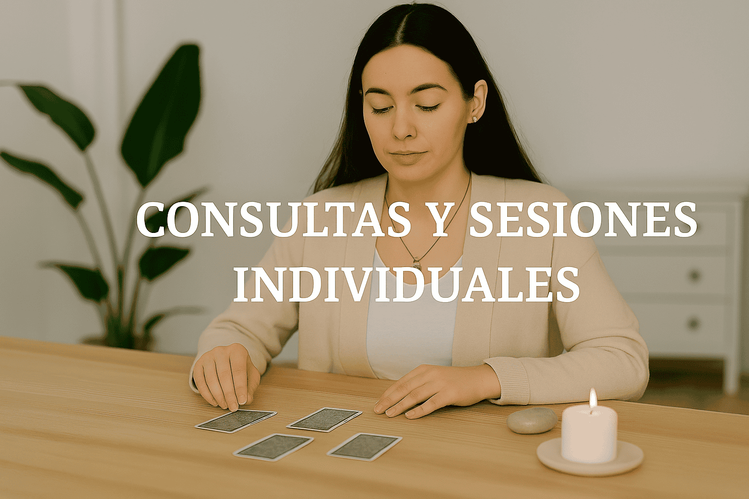 Mujer realizando una consulta individual con cartas sobre la mesa y una vela encendida en un entorno espiritual y sereno.