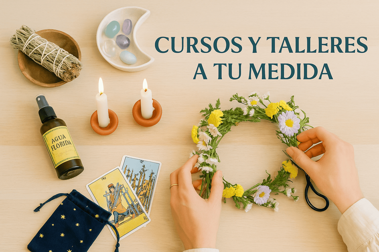Manos creando una corona de flores junto a velas, cartas de tarot, cristales, agua florida y sahumerio en un taller esotérico.