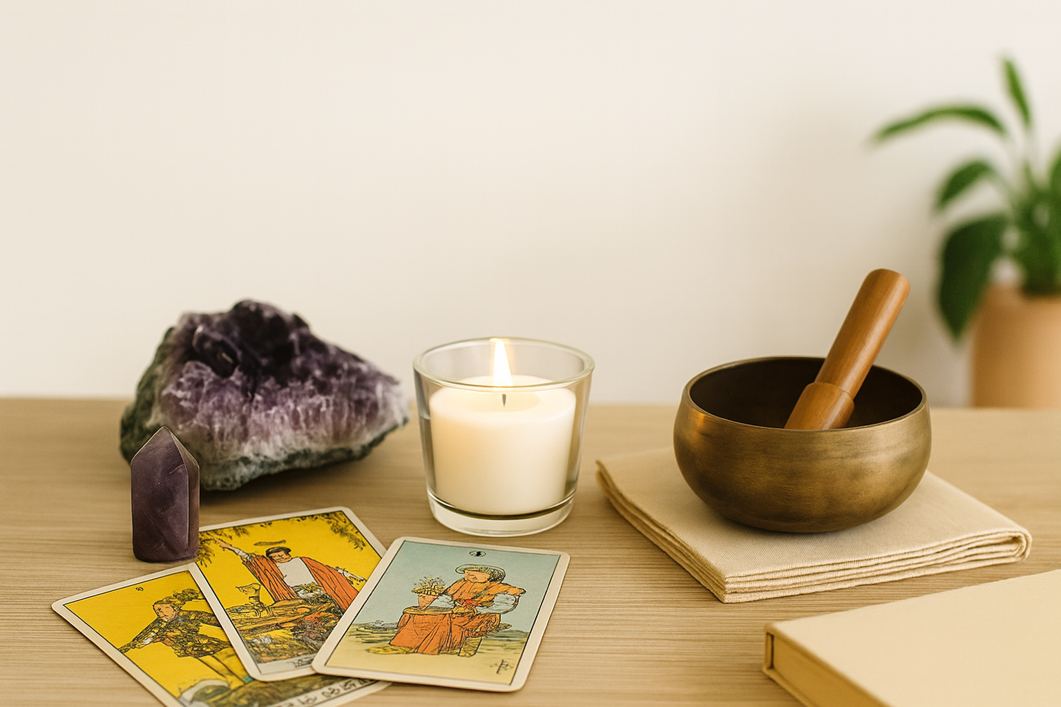 Curso Esoterismo Mañanas - Olga Rull Imagen promocional del curso online de Esoterismo en horario de mañanas, con cartas del Tarot, minerales y objetos rituales sobre una mesa.