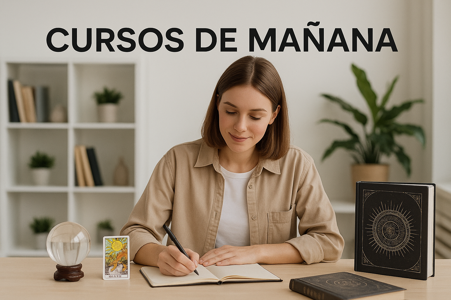 Cursos de Mañana – EON Escuela de Formación Esotérica Barcelona Mujer joven escribiendo en un cuaderno en un ambiente luminoso, con una bola de cristal, una carta del tarot y libros esotéricos sobre la mesa, bajo el título “Cursos de Mañana”.