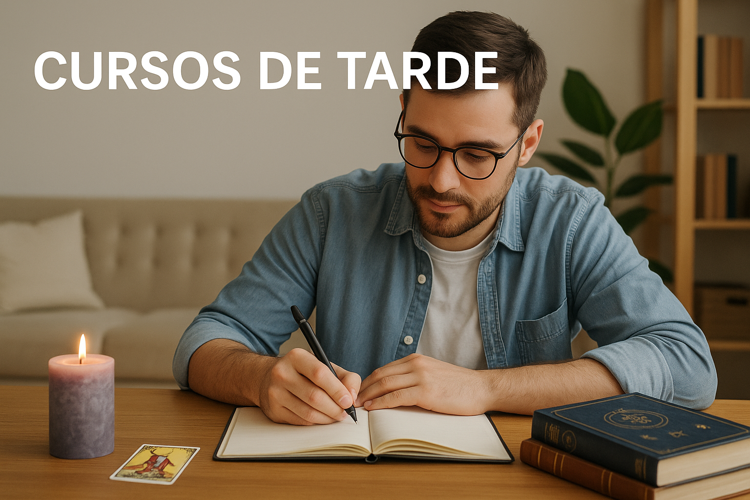 Cursos de Tarde EON – Aprende y conecta al caer la tarde Hombre joven con gafas escribiendo en un cuaderno sobre una mesa, acompañado de una vela encendida, una carta del tarot y libros esotéricos, con el texto “Cursos de Tarde” en la parte superior.
