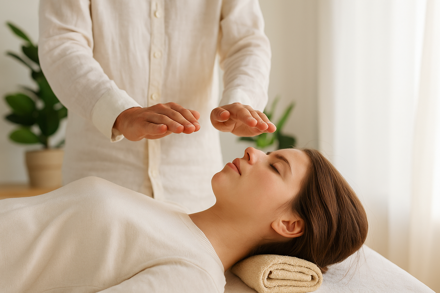 Sesión de Reiki – Armonización y equilibrio energético Sesión de Reiki en la que una persona con ropa clara coloca las manos sobre la cabeza de una mujer recostada, con los ojos cerrados, en un entorno luminoso y relajante.