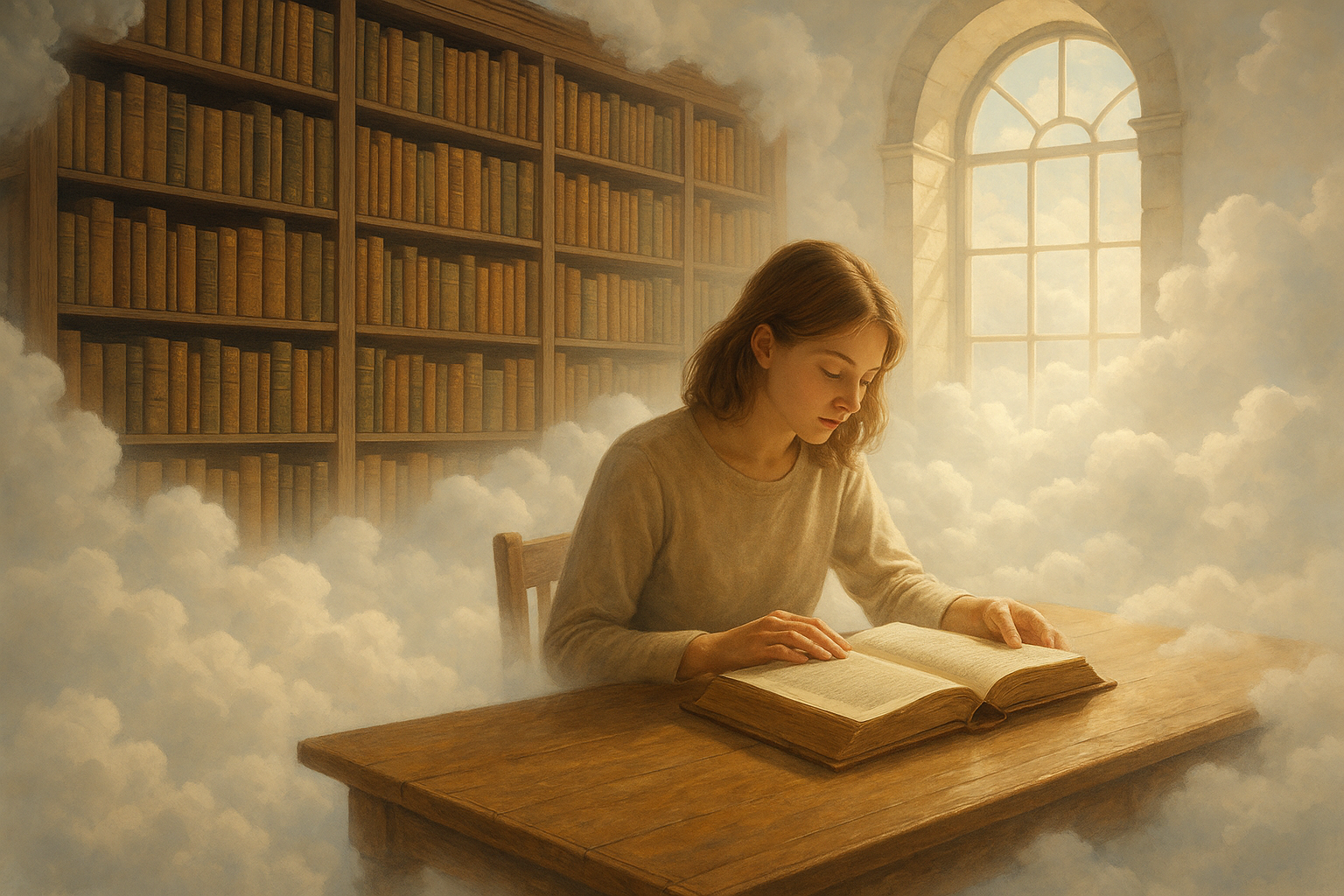 Biblioteca en las nubes – Registros Akáshicos Joven leyendo un libro antiguo en una biblioteca suspendida entre nubes, iluminada por la luz dorada que entra por una ventana arqueada.
