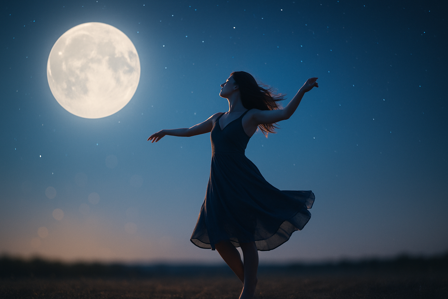 Rituales Lunares – Mujer bailando bajo la luna llena | EON Mujer joven bailando bajo la luna llena en un paisaje nocturno; escena luminosa y serena, estilo realista.