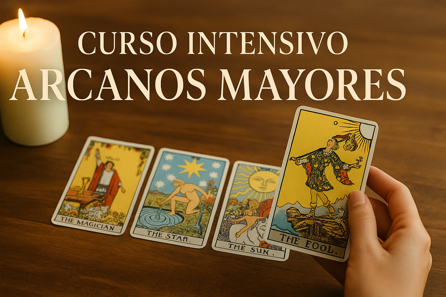 Curso Intensivo Arcanos Mayores — Tarot Rider | EON Banner luminoso con cartas del Tarot Rider (Mago, Estrella, Sol y Loco) y texto “Curso Intensivo Arcanos Mayores”.