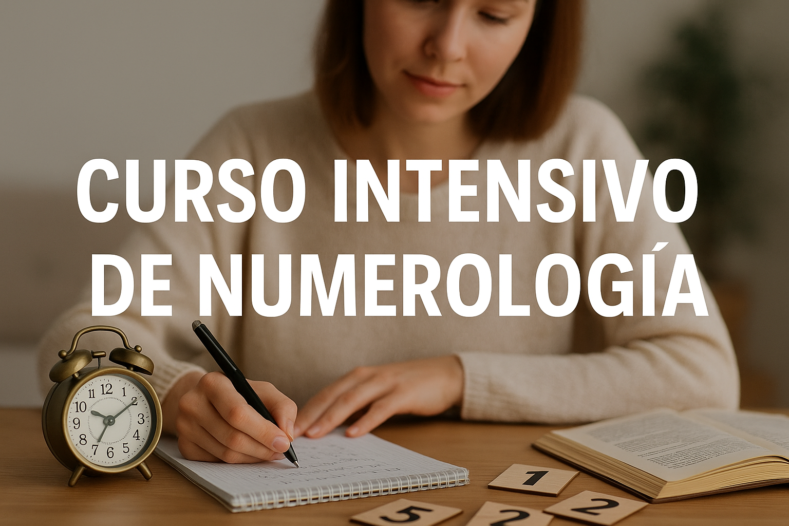 Curso Intensivo de Numerología — Aprende a calcular e interpretar tu mapa de vida en 4 semanas. Mujer escribiendo cálculos numerológicos en un cuaderno junto a fichas con números y un reloj, con el texto “Curso Intensivo de Numerología” en primer plano.