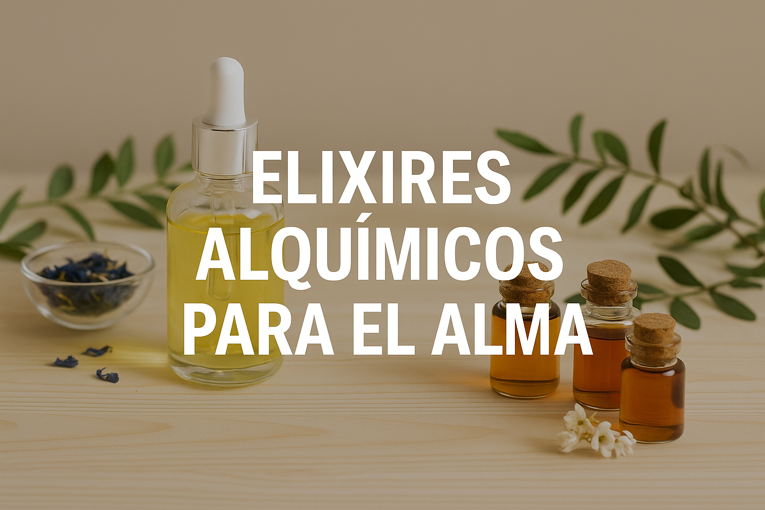 Elixires Alquímicos para el Alma – Creaciones energéticas y aromáticas Frascos de vidrio con aceites y esencias naturales sobre una mesa de madera clara, acompañados de hojas verdes y flores, con el texto “Elixires Alquímicos para el Alma” en letras blancas.