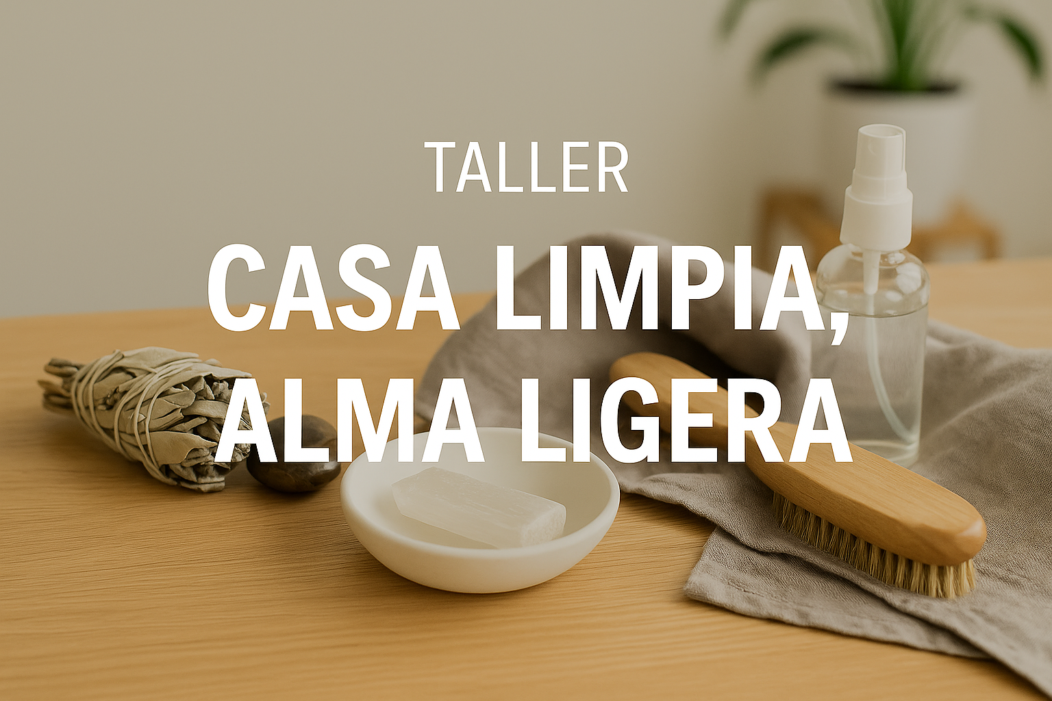 Taller Casa limpia, alma ligera – Limpieza física y energética del hogar Kit de limpieza energética con salvia, piedra, jabón, cepillo de madera y spray sobre una mesa de madera clara, con el texto “Taller Casa limpia, alma ligera” en letras blancas.