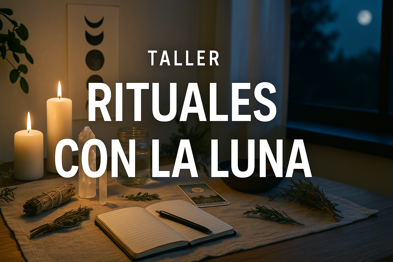 Taller Rituales con la Luna — Intenciones y prácticas para cada fase lunar. Mesa ritual iluminada con velas, cristales, sahumerio y cuaderno, junto a una ventana con la luna al fondo; sobreimpreso: “Taller Rituales con la Luna”.
