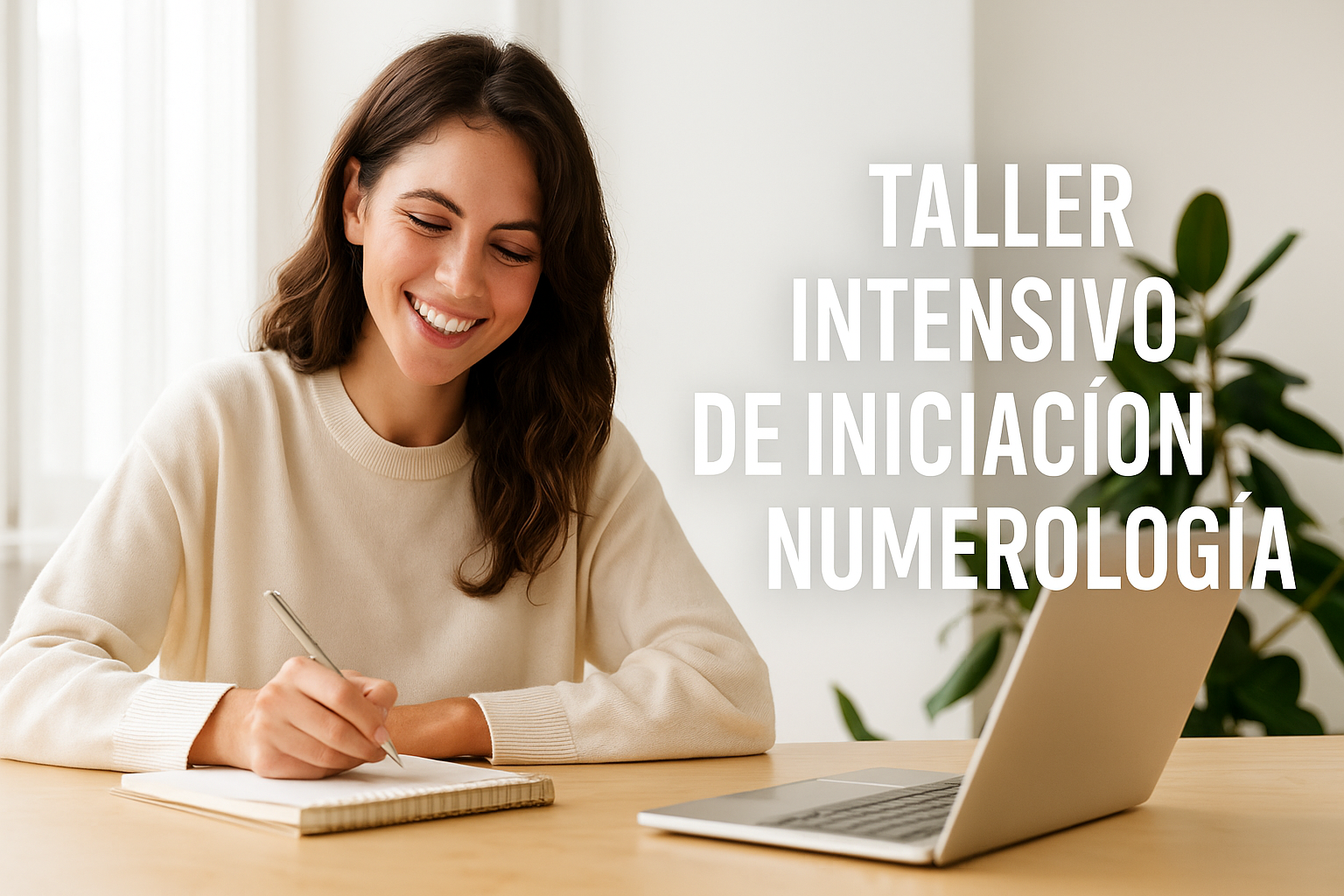 Taller Intensivo de Iniciación a la Numerología – EON Escuela de Formación Esotérica Mujer joven sonriente escribiendo en un cuaderno durante el Taller Intensivo de Iniciación a la Numerología, con el título del evento en letras blancas a su lado.