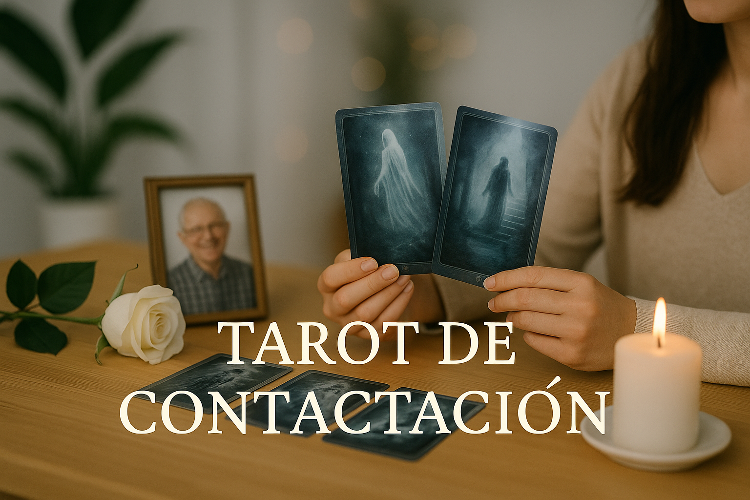 Tarot de Contactación — EON Escuela de Formación Esotérica Manos mostrando dos cartas de tarot con figuras etéricas, junto a vela encendida, rosa blanca y foto enmarcada; escena serena de tarot de contactación para conectar con seres queridos.