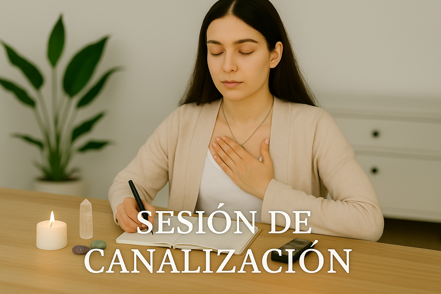 Sesión de Canalización — EON Escuela de Formación Esotérica Mujer en sesión de canalización con ojos cerrados, una mano en el corazón y la otra escribiendo en un cuaderno; vela y cristales sobre mesa en ambiente luminoso.