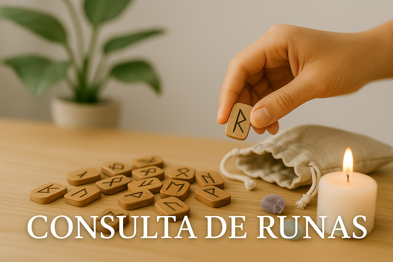 Consulta de Runas — EON Escuela de Formación Esotérica Mano tomando una runa de madera sobre mesa con otras runas, vela encendida, saquito de lino y cristales; escena luminosa de consulta de runas.