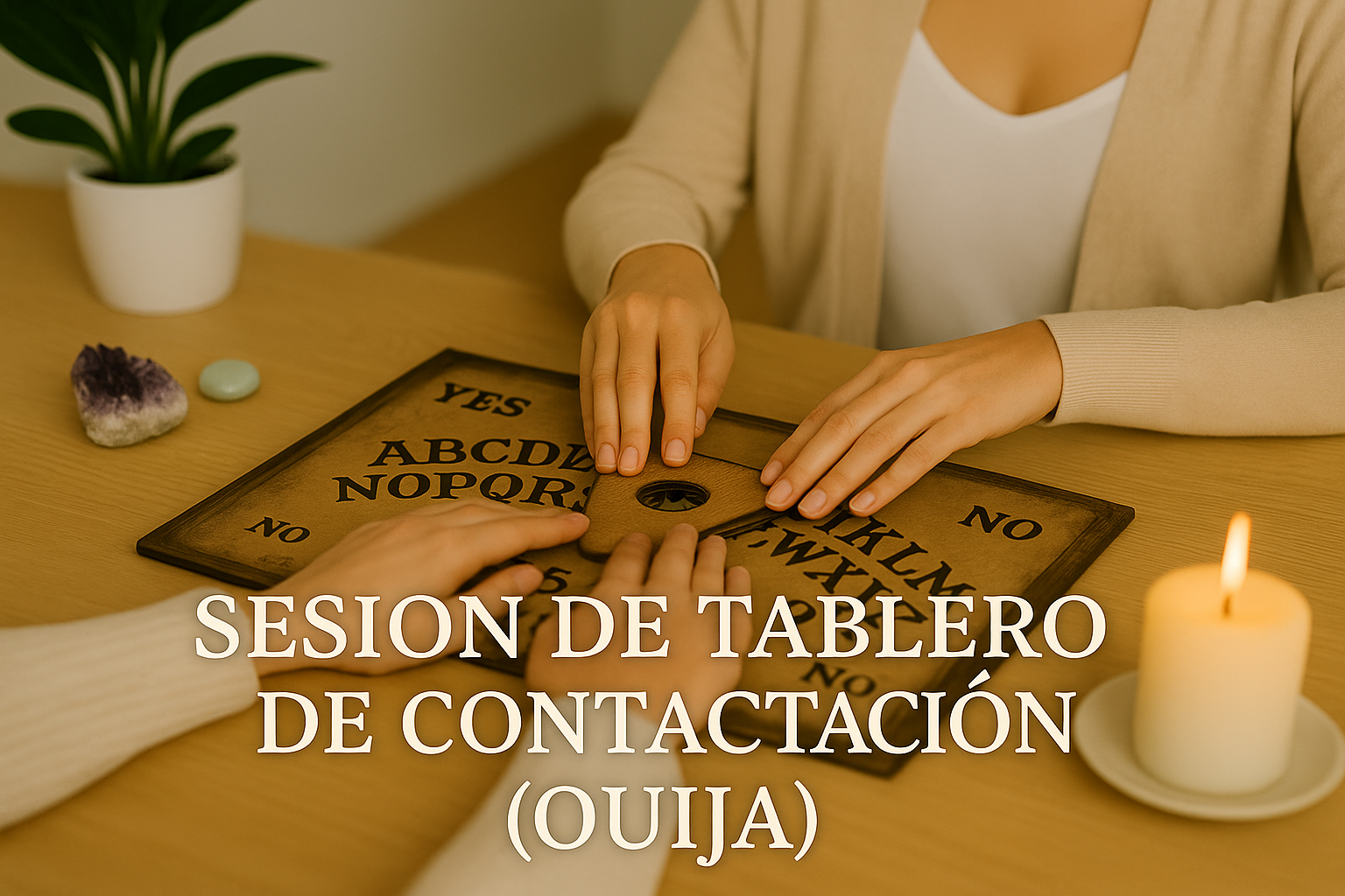 Sesiones de Contactación (Ouija) — EON Escuela de Formación Esotérica Sesión de contactación con tablero Ouija en sala luminosa: varias manos sobre el planchette, con vela encendida, amatista y planta en un ambiente sereno.