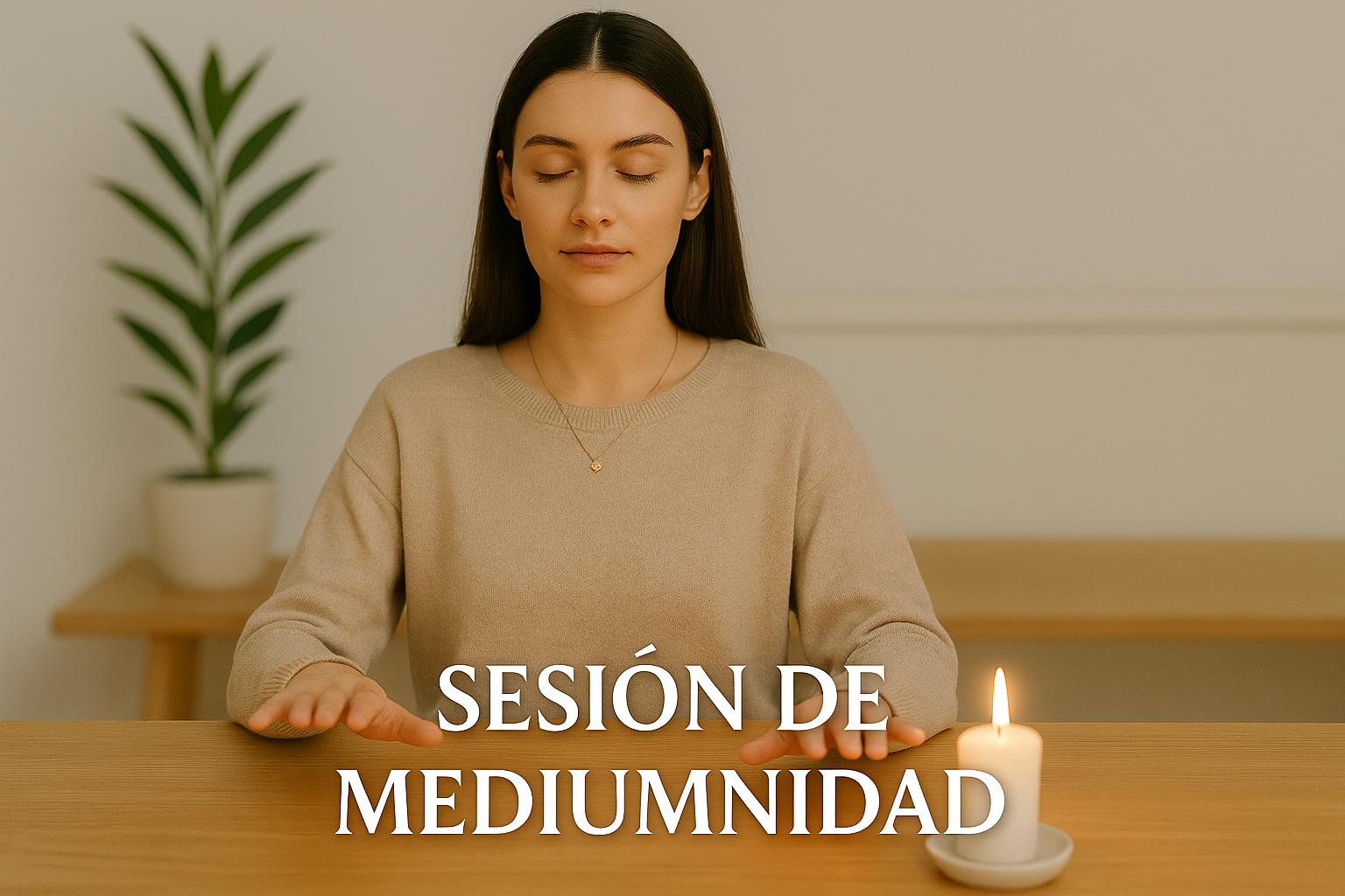 Sesión de Mediumnidad en EON Mujer con los ojos cerrados, en actitud de meditación frente a una vela encendida, con el título “Sesión de Mediumnidad” en la parte inferior.