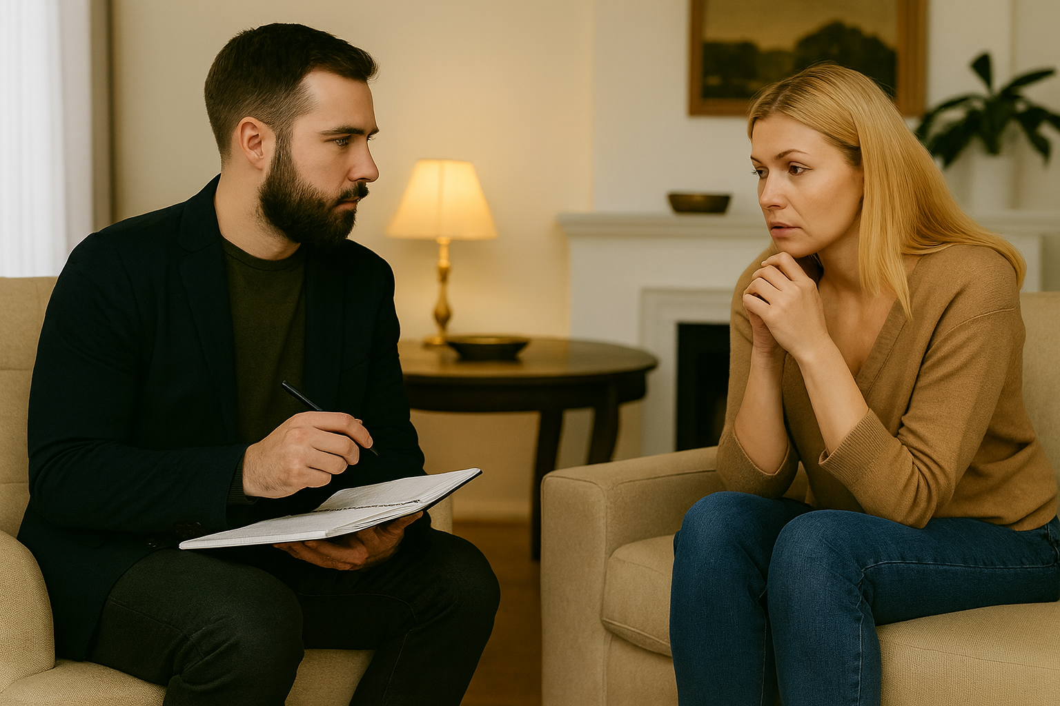Investigador Parapsicológico entrevistando a una persona en Barcelona | EON Investigador parapsicológico entrevistando a una mujer en una consulta para analizar fenómenos paranormales y energéticos en su vivienda.