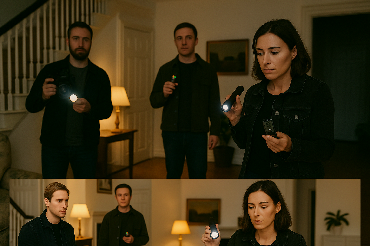 Equipo de Investigación Parapsicológica en viviendas con fenómenos paranormales | EON Barcelona Equipo de investigadores parapsicológicos trabajando en una casa con cámaras, grabadoras y equipos de detección de fenómenos paranormales.