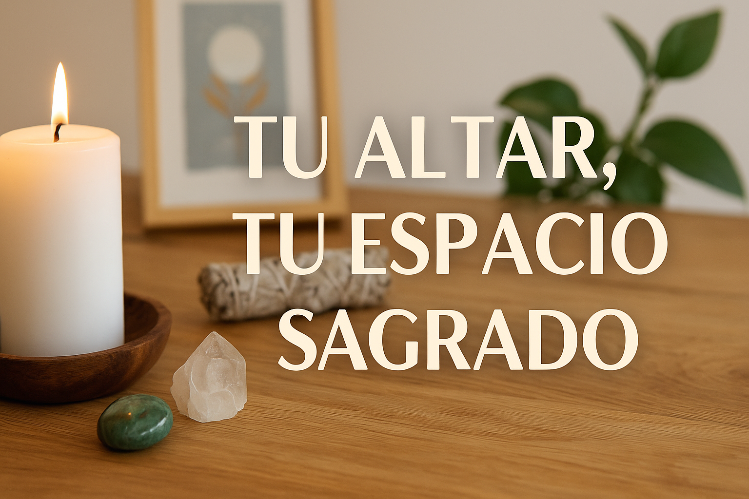 Taller “Tu altar, tu espacio sagrado” – Crea y activa tu altar personal Mujer encendiendo una vela blanca sobre un altar con cristales y objetos sagrados, acompañado del texto “Tu altar, tu espacio sagrado”.