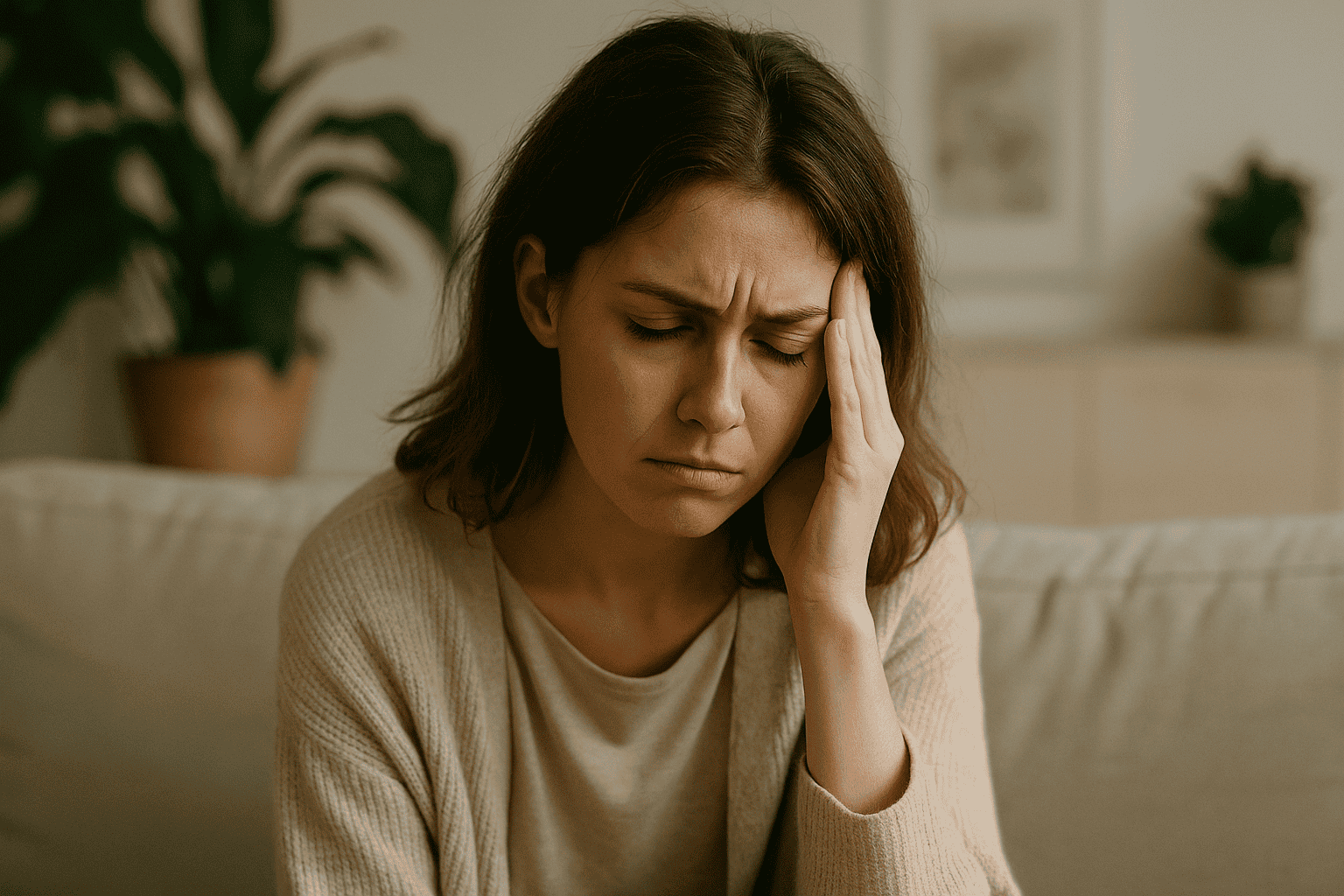 Mujer joven con gesto de cansancio y dolor de cabeza, símbolo de bloqueo y pesadez energética. Mujer joven con gesto de cansancio y dolor de cabeza, símbolo de bloqueo y pesadez energética.<br />