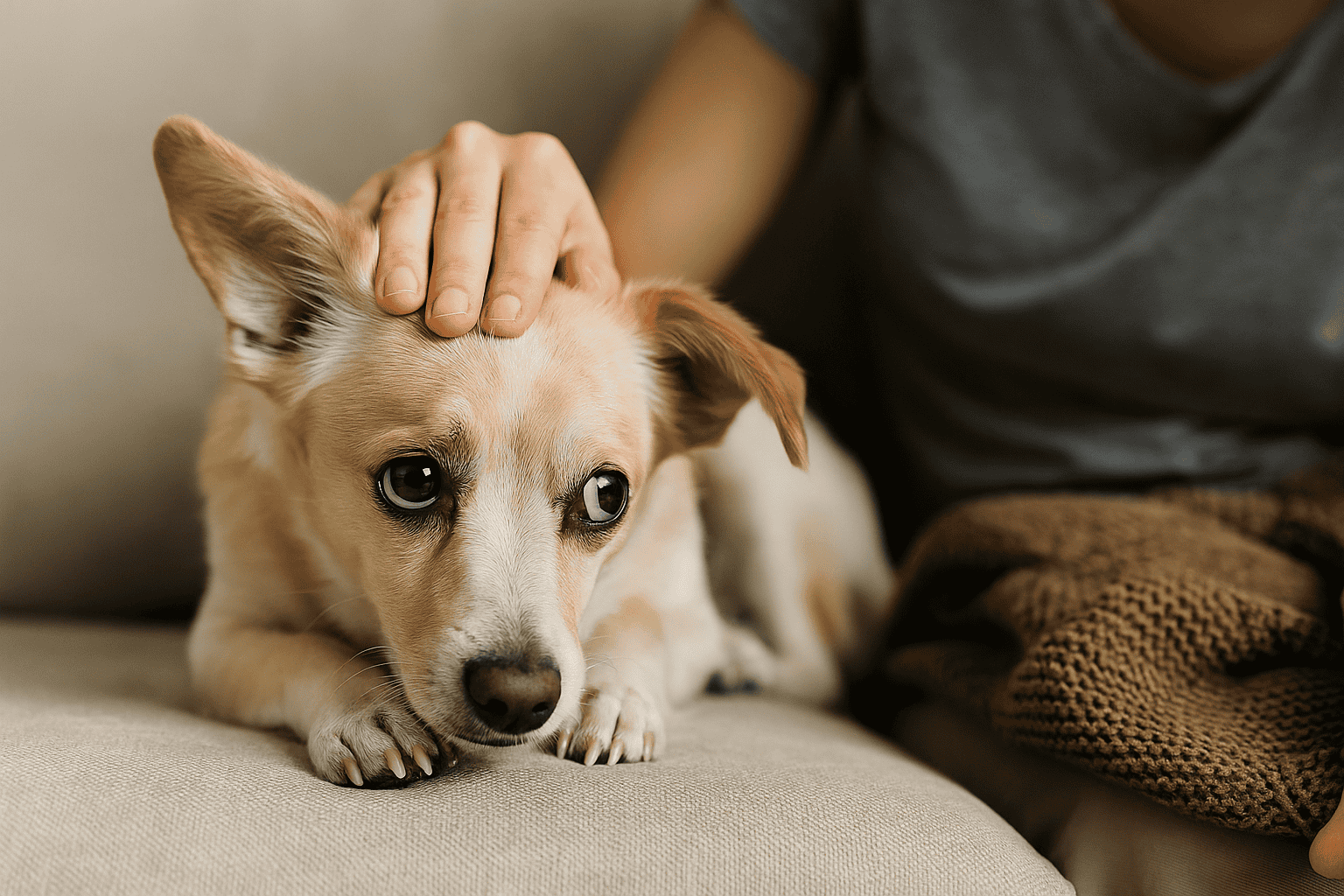 Limpieza energética para animales con nerviosismo y bloqueos emocionales | EON Perro con gesto de nerviosismo recibiendo caricia, símbolo de bloqueo y malestar energético en animales.
