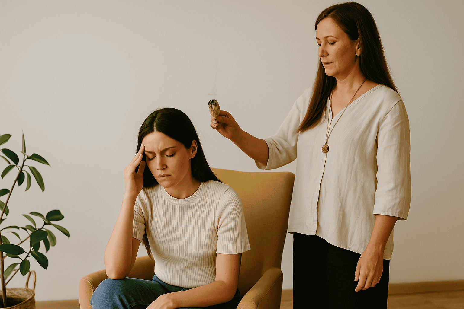 Limpieza energética con sahumerio para armonizar cuerpo y mente | EON Barcelona Terapeuta realizando limpieza energética con humo de sahumerio a una mujer sentada para armonizar su campo energético.
