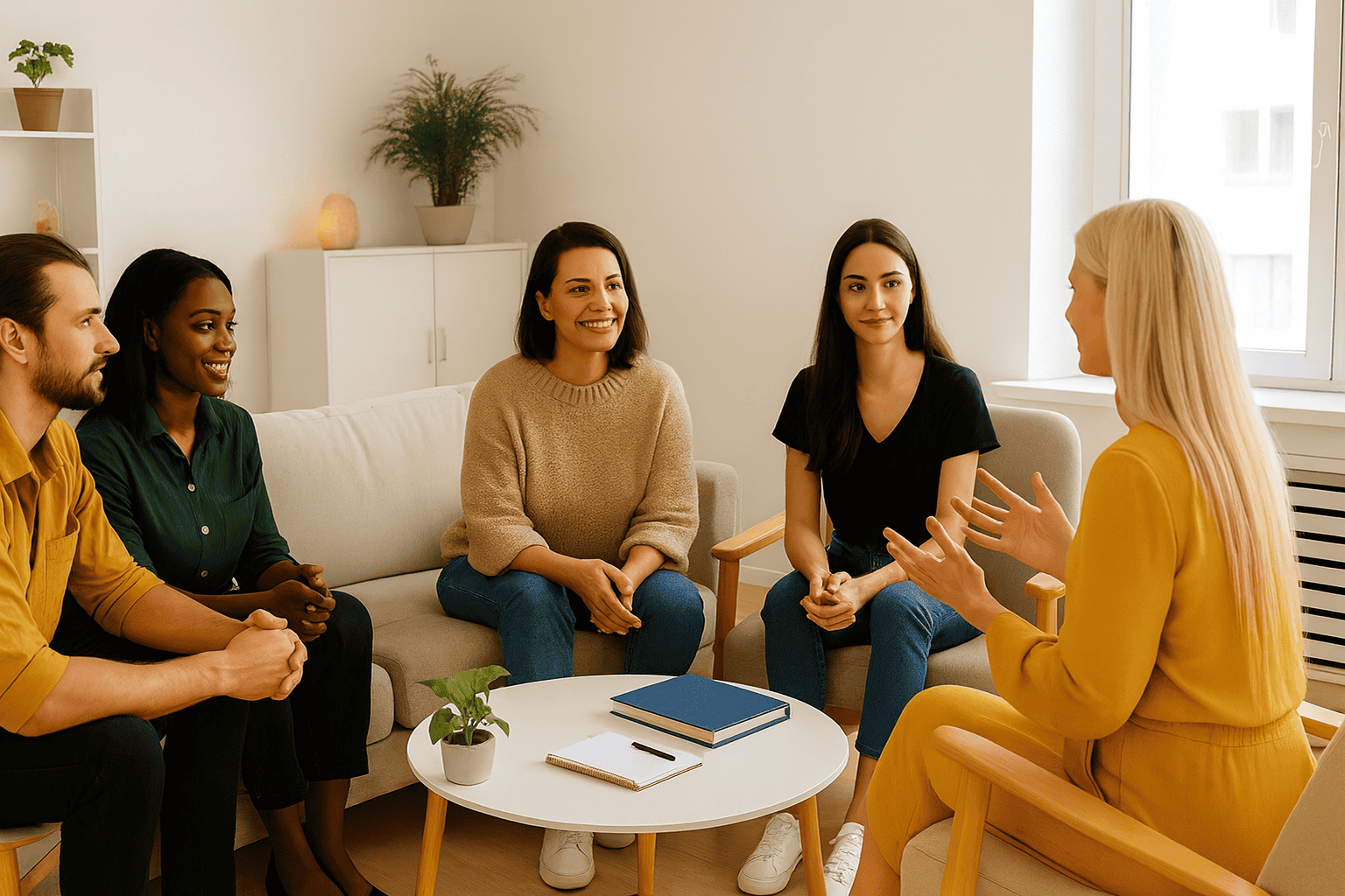 Grupo de personas en círculo conversando con una facilitadora durante una sesión formativa o terapéutica en un ambiente acogedor.
