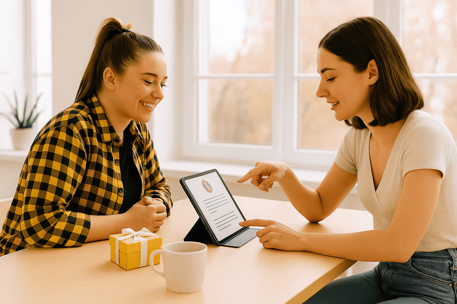 Mujer mostrando información en una tablet durante una sesión de asesoría personalizada con otra persona en un ambiente acogedor.