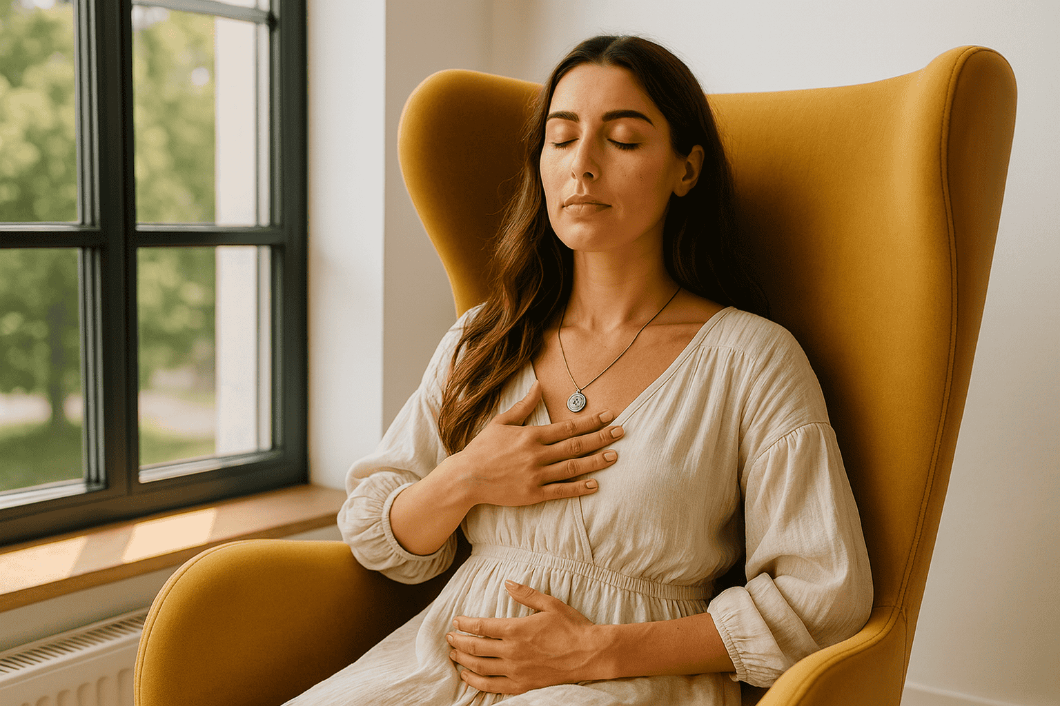 Mujer sentada en un sillón con los ojos cerrados practicando respiración consciente y meditación para conectar con su energía interior.