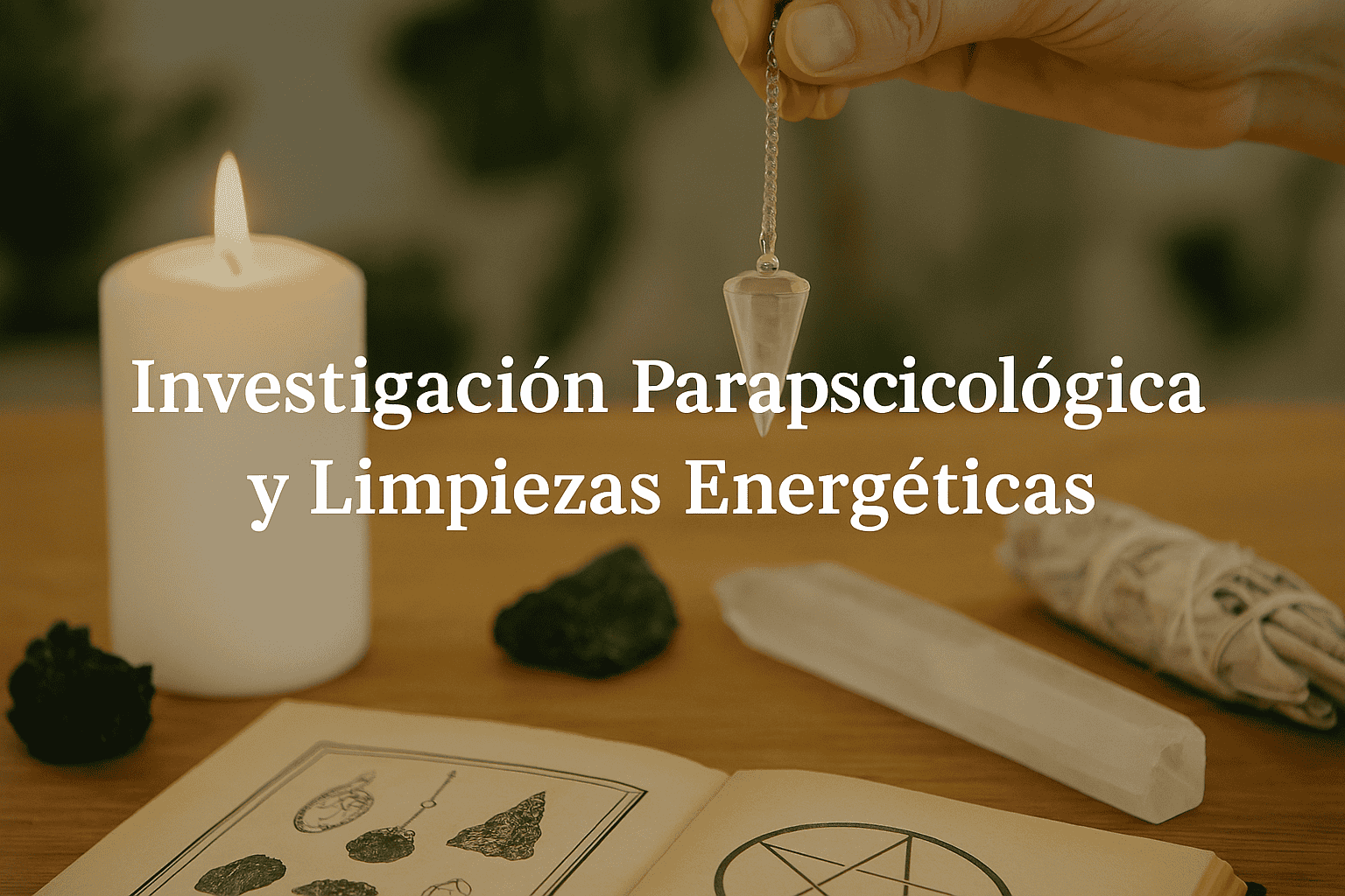 Péndulo de cristal usado en investigación parapsicológica sobre un cuaderno esotérico junto a vela, minerales y sahumerio.