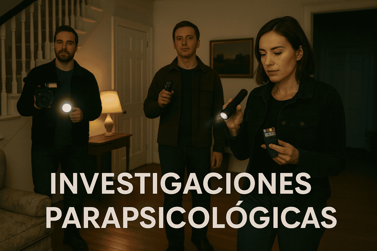 Investigaciones parapsicológicas en hogares y negocios | EON Barcelona Equipo de investigadores parapsicológicos realizando una exploración en una casa con linternas y equipos de detección de fenómenos.