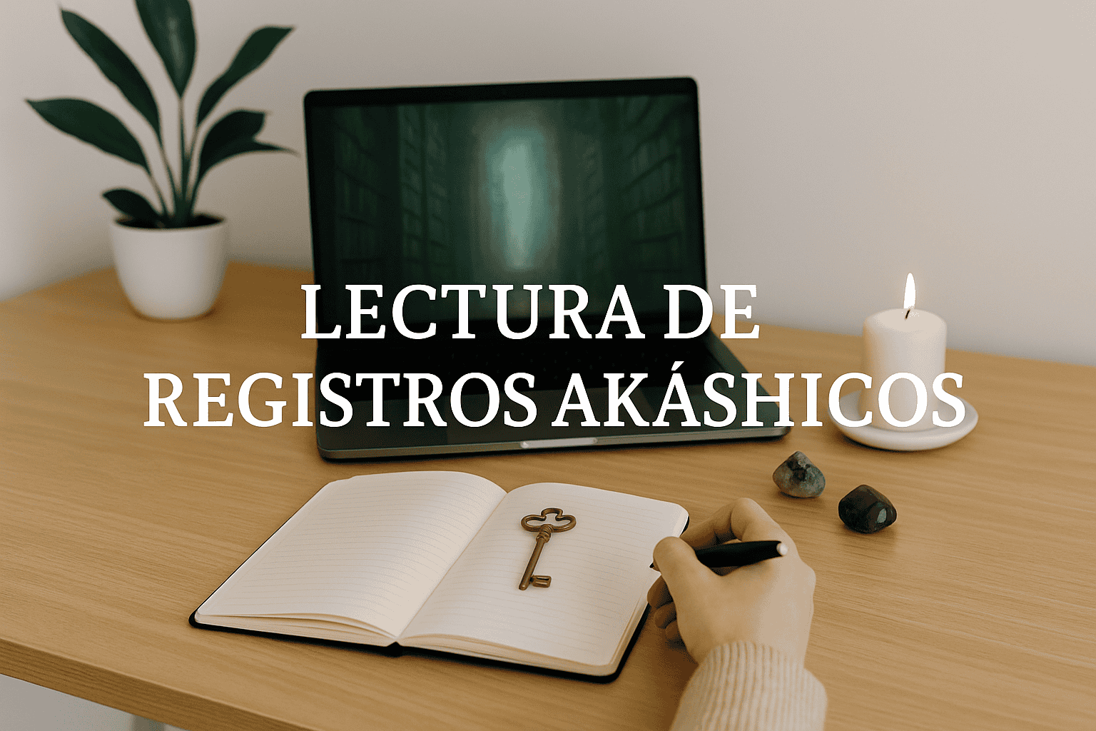 Cuaderno abierto con una llave, vela encendida y ordenador portátil en una sesión de lectura de registros akáshicos.