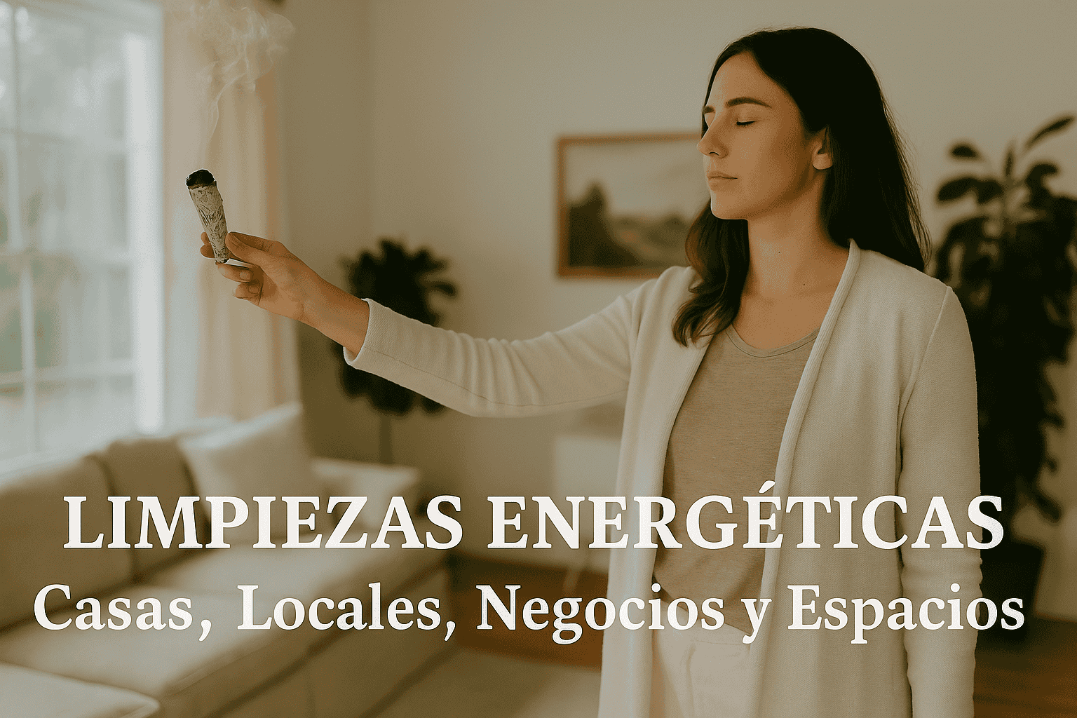 Limpiezas energéticas de casas, locales, negocios y espacios | EON Barcelona Mujer realizando limpieza energética con sahumerio en una casa, armonizando el espacio con humo purificador.
