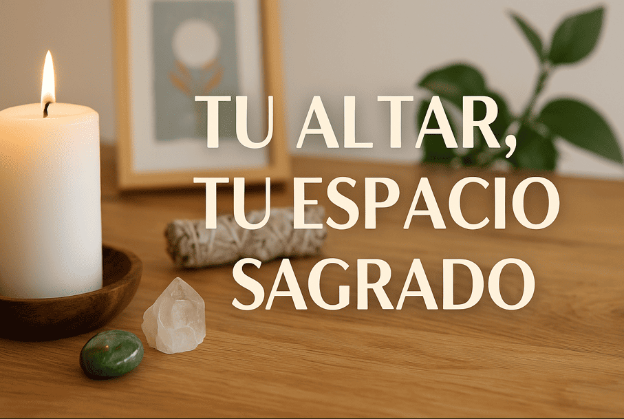 Tu altar, tu espacio sagrado | Cómo hacer un altar en casa | EON Vela blanca encendida en cuenco de madera junto a cristales y atado de hierbas sobre mesa; al fondo planta y lámina. Texto: “Tu altar, tu espacio sagrado”.