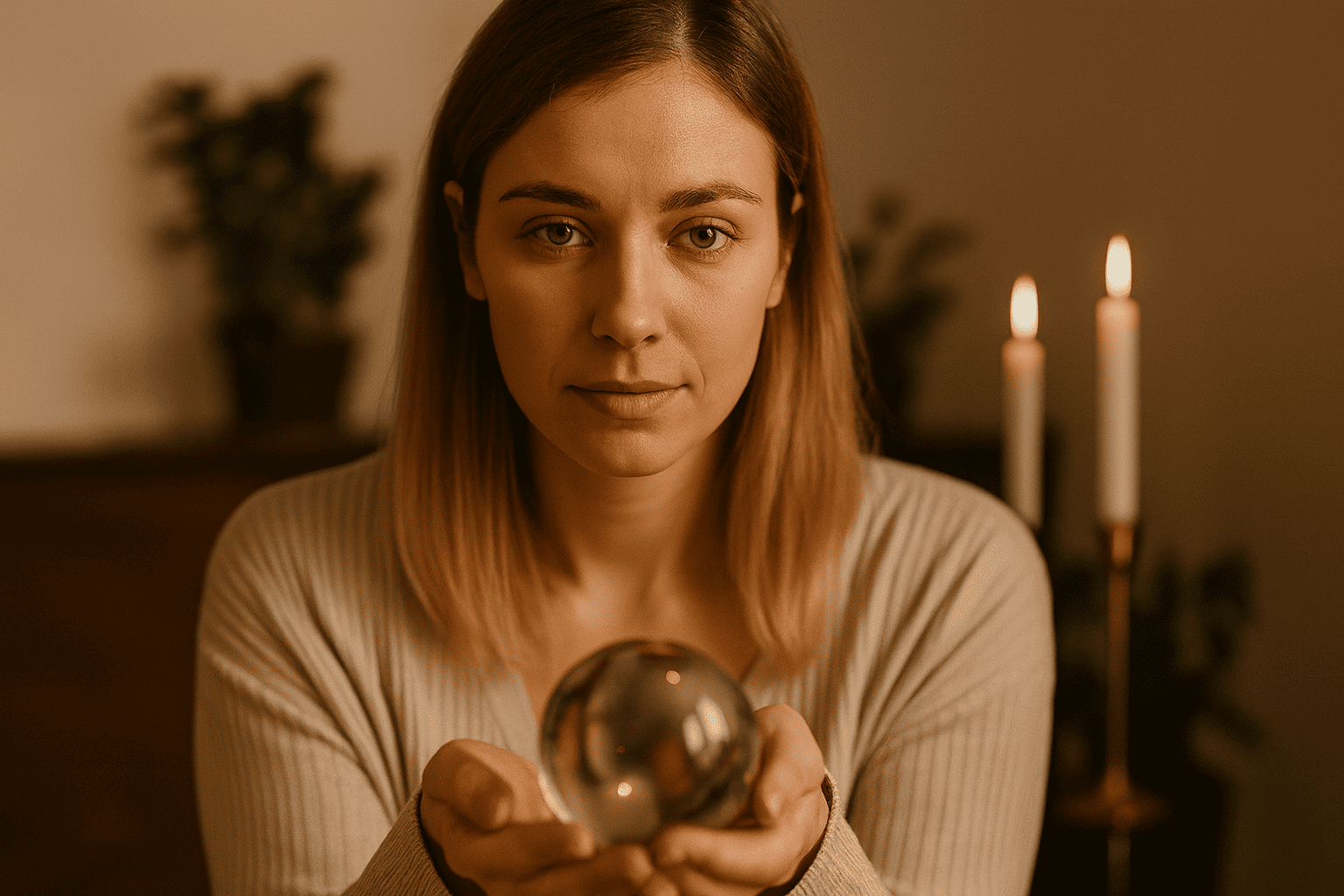 Curso de Parapsicología | EON Mujer sosteniendo una bola de cristal entre las manos, primer plano, con dos velas encendidas al fondo en luz cálida.