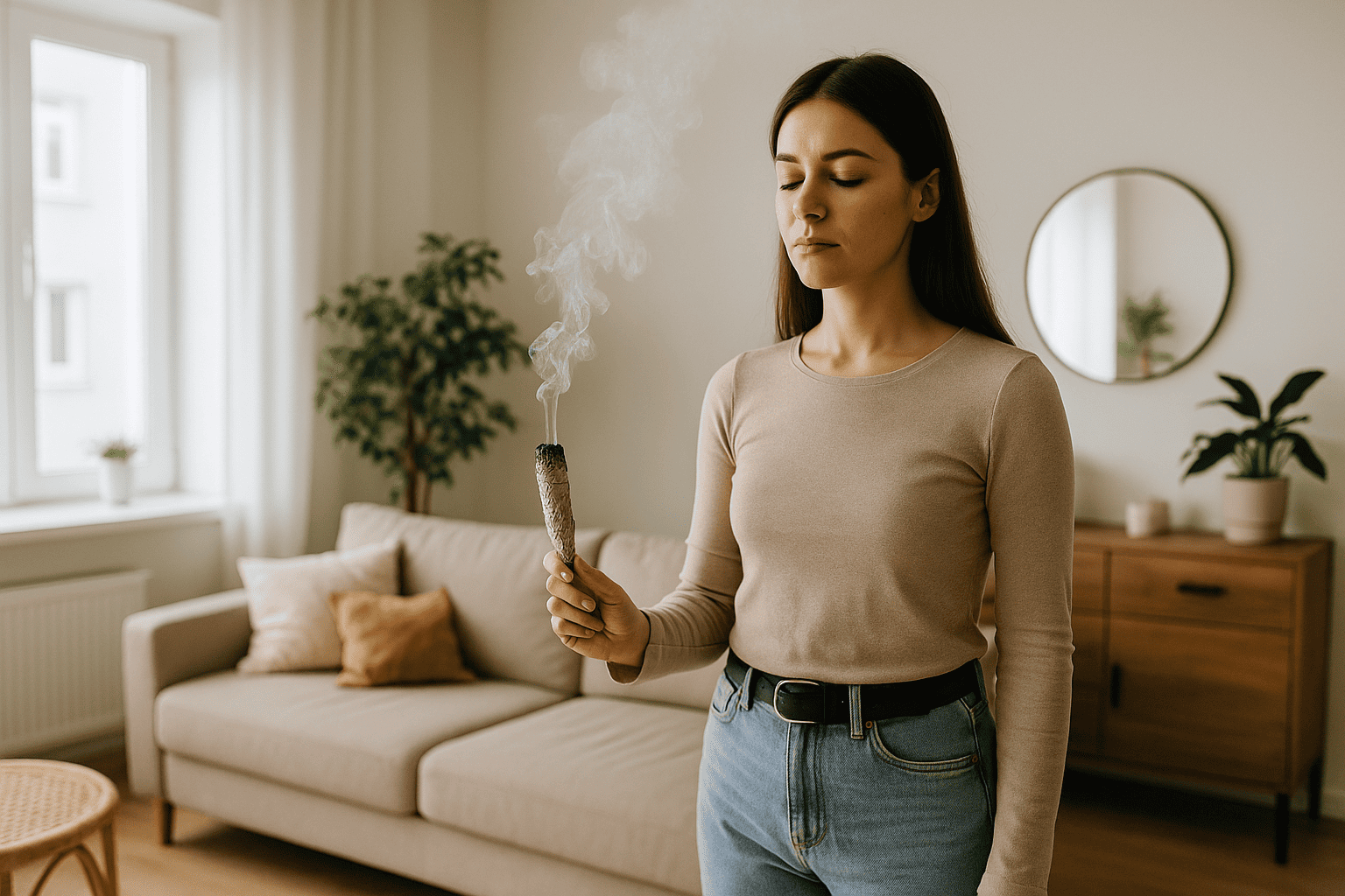 Limpieza energética del hogar con sahumerio natural Mujer joven sahumando su hogar con incienso natural para hacer una limpieza energética en una sala luminosa y armoniosa.