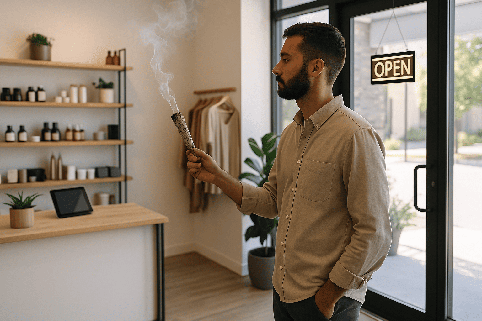 Purificación energética en espacios comerciales Limpieza energética con sahumerio en un negocio antes de su reapertura, para armonizar el ambiente y atraer clientes.
