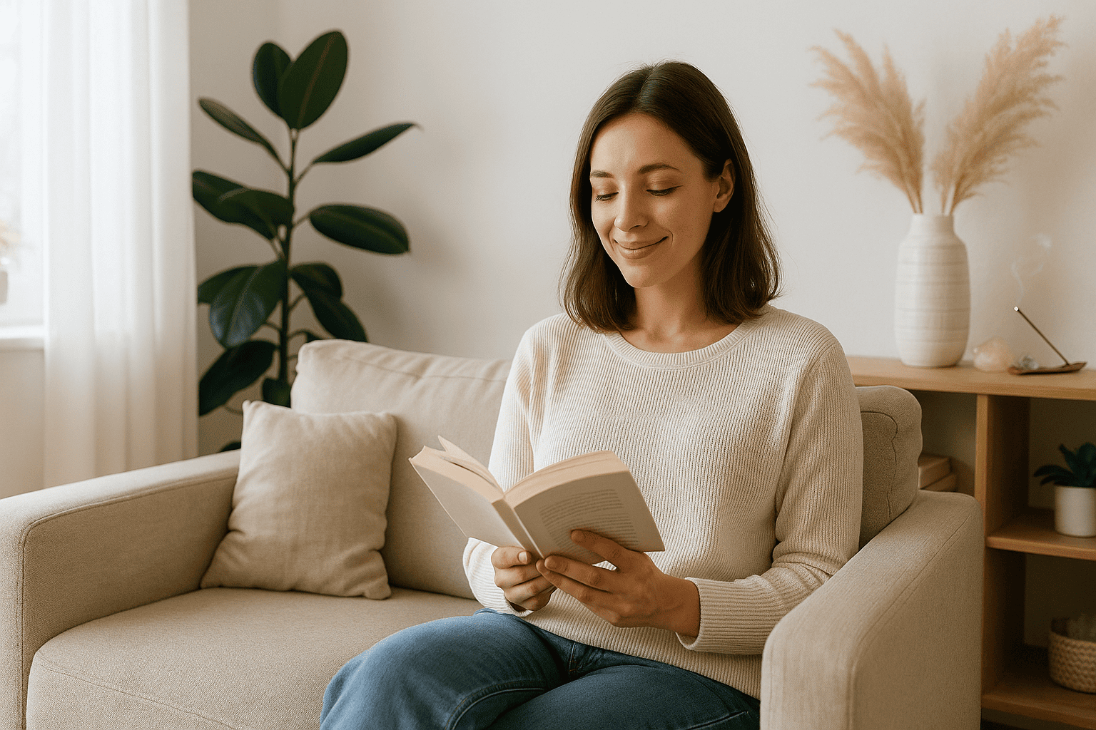 Beneficios de una limpieza energética en casa y espacios de trabajo Mujer joven en un espacio luminoso y armonioso, representando los beneficios de una limpieza energética en el hogar.
