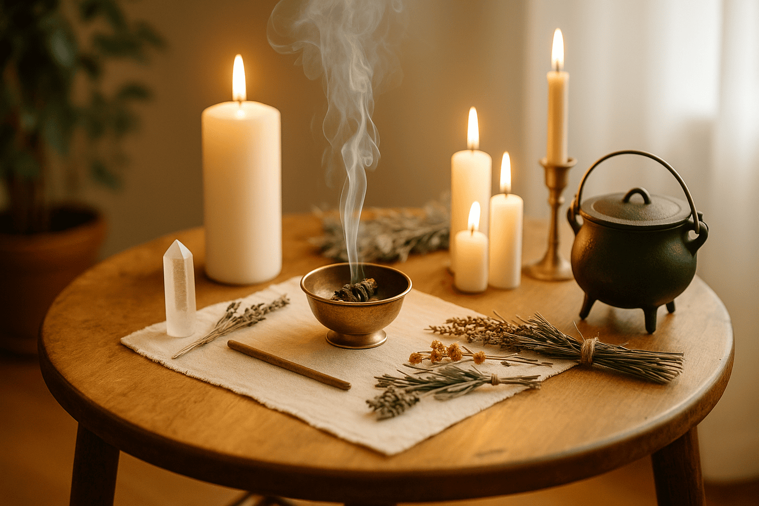 Altar ritual preparado para una limpieza energética o ceremonia espiritual Altar ritual con velas, cristales y elementos espirituales sobre una mesa iluminada por luz natural