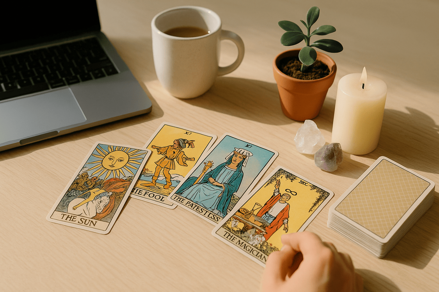 Persona estudiando Tarot: cartas de Arcanos Mayores sobre mesa luminosa, junto a portátil, taza, vela y cristales.