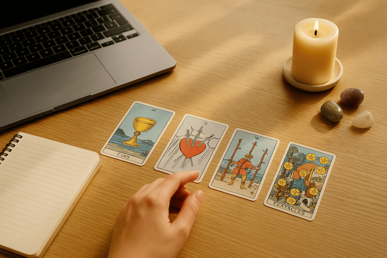 Curso de Tarot de Arcanos Menores | EON Estudio de Tarot: Arcanos Menores sobre mesa de madera, mano señalando carta, portátil, cuaderno, vela y cristales en luz natural.