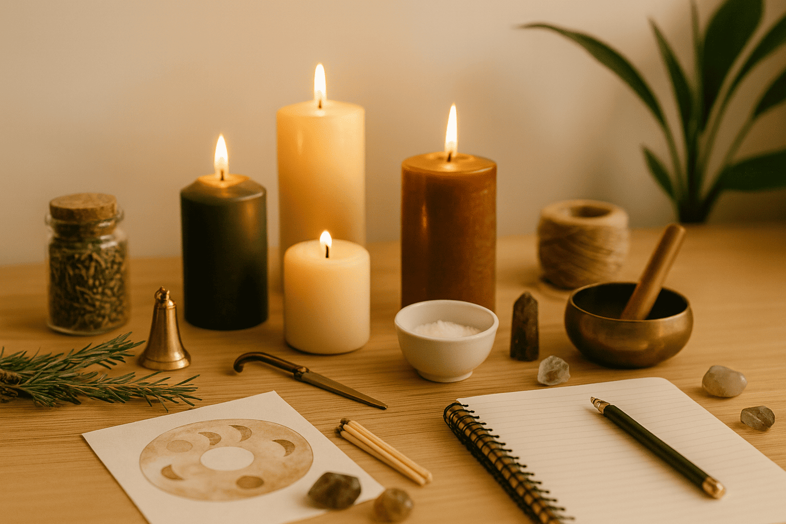 Curso de Magia con Velas | EON Altar de magia con velas encendidas, hierbas, sal, cristales y cuaderno sobre mesa de madera en luz natural.