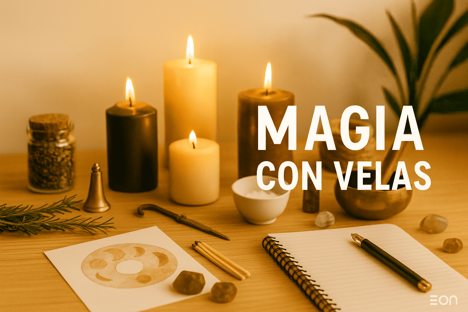 Curso de Magia con Velas | EON Altar con velas encendidas de varios colores, hierbas, cuenco tibetano, sal, fósforos y cuaderno sobre mesa de madera en luz cálida; aparece el texto “MAGIA CON VELAS”.
