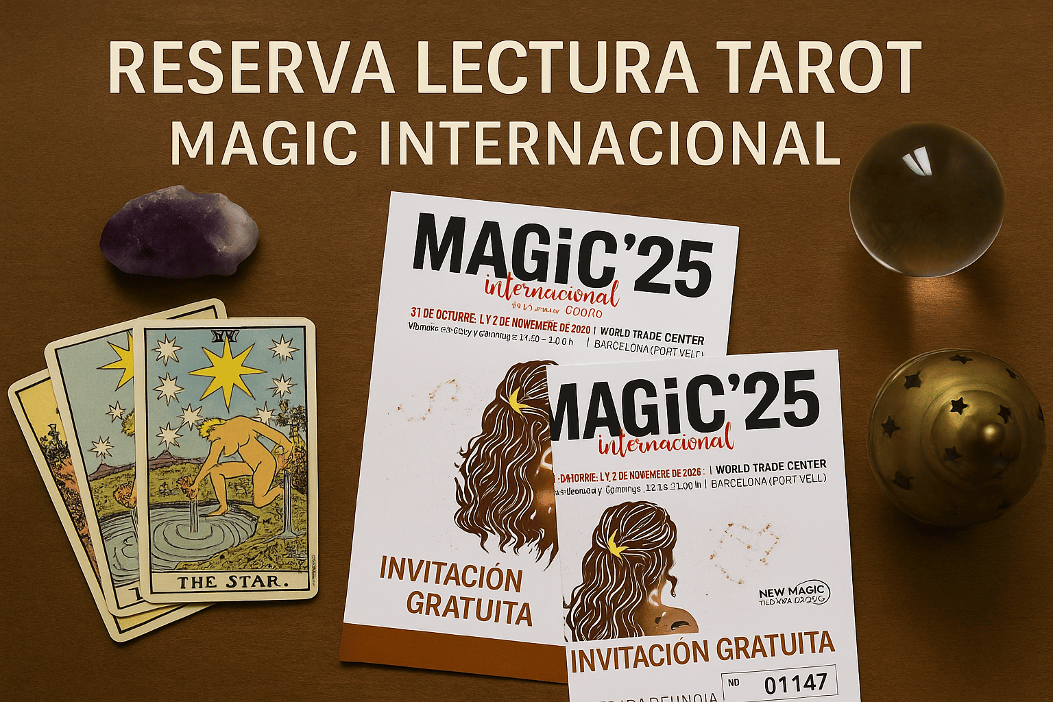 Reserva tu Lectura de Tarot en el Magic Internacional Fotografía promocional de una lectura de Tarot que muestra dos invitaciones del Magic Internacional 2025 sobre una mesa con cartas del Tarot, una amatista y una esfera de cristal, iluminadas con luz cálida.