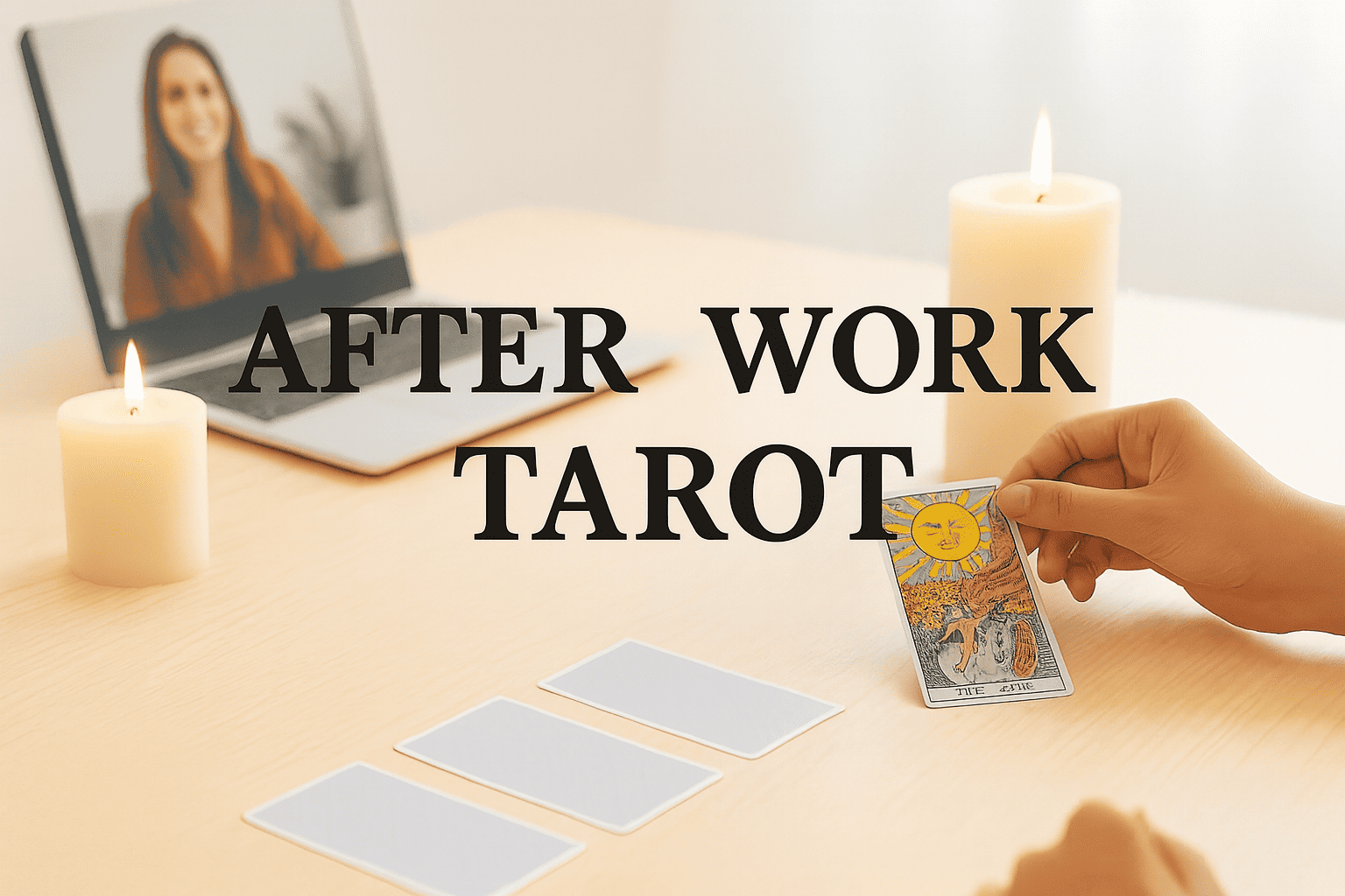 Persona asistiendo a un taller de Tarot con velas encendidas, cartas sobre la mesa y una clase virtual en el portátil. Texto promocional: “After Work Tarot