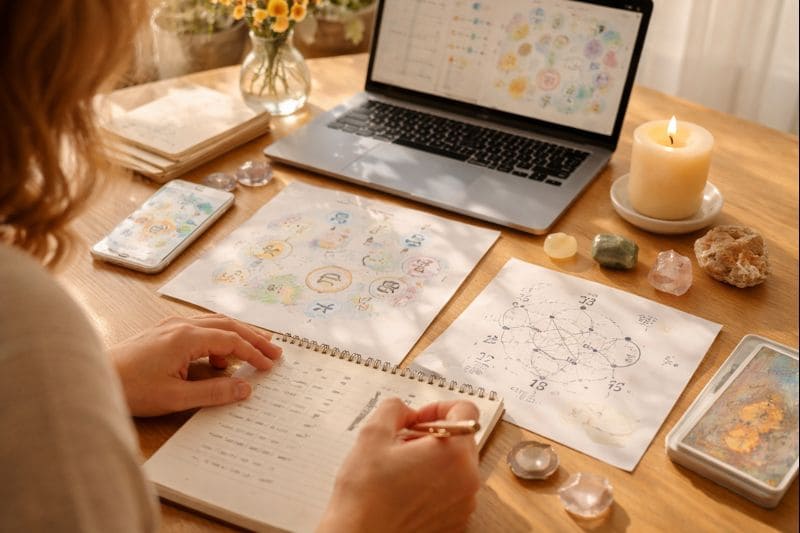 Persona estudiando numerología personal en una mesa luminosa con cuaderno, ordenador y gráficos numéricos, aprendiendo a interpretar sus números y ciclos vitales.