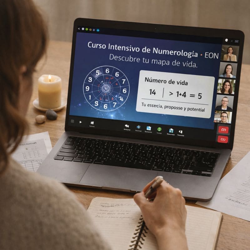 Persona estudiando un curso online de numerología con portátil y clase en directo, formación EON 