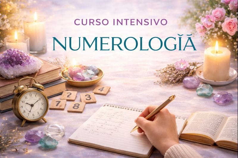 Imagen del Curso Intensivo de Numerología con cuaderno, números, reloj, libros y cristales en un entorno luminoso, representando el estudio de los números personales y los ciclos de vida.